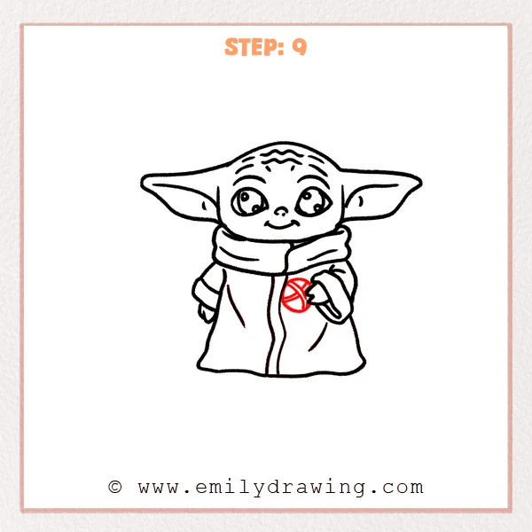 how to draw a baby yoda - Step 9: Baby Yoda holds a small round ball in the raised right hand, with a tiny highlight.